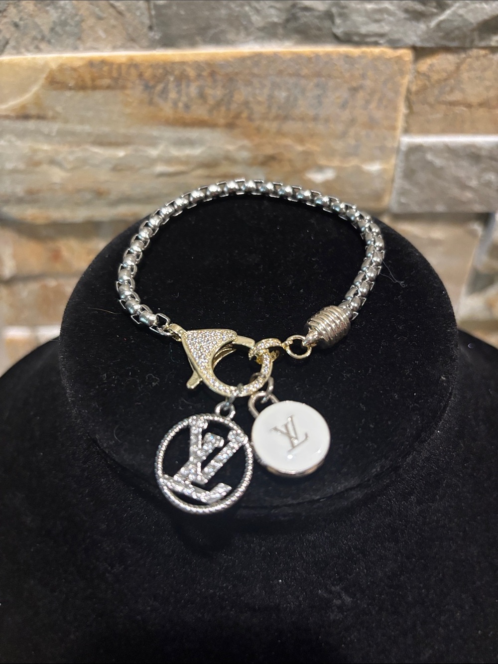 Silver and Gold LV Logo Charm Bracelet